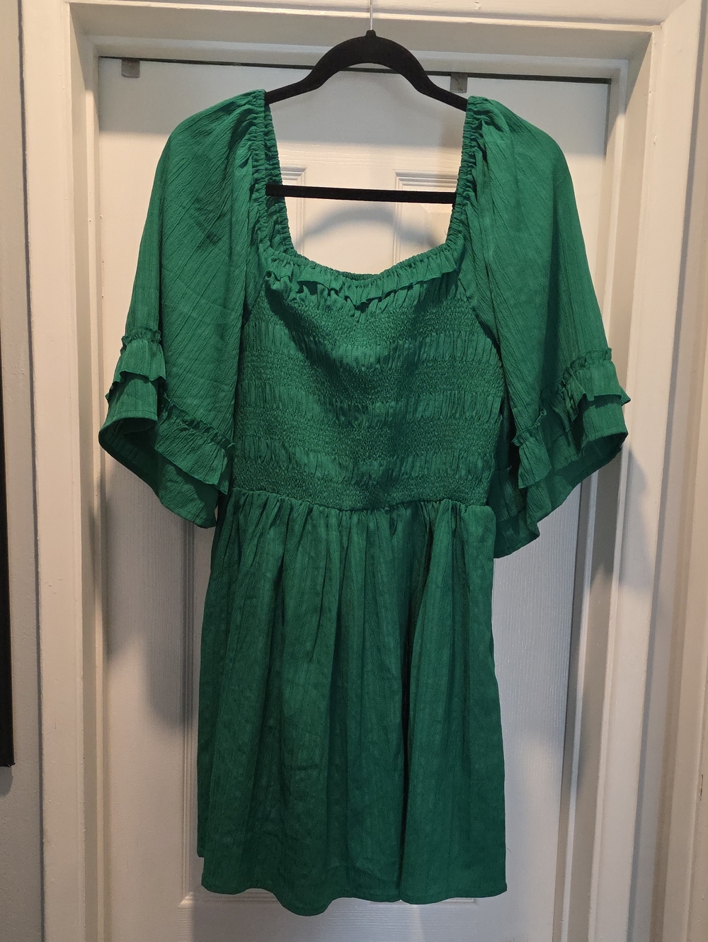 Green Midi Dress with Smocked Bodice and Flutter Sleeves